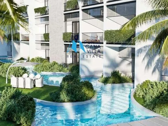 Apartamento en venta en Punta Cana, planta baja, 2 dormitorios, autobús gratuito a la playa, con Swim-Up desde la piscina.