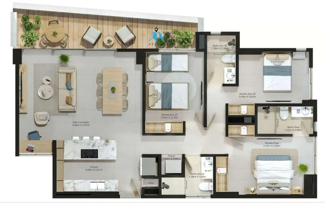 Amplio Tres Dormitorios Apartamento En Venta En Punta Cana