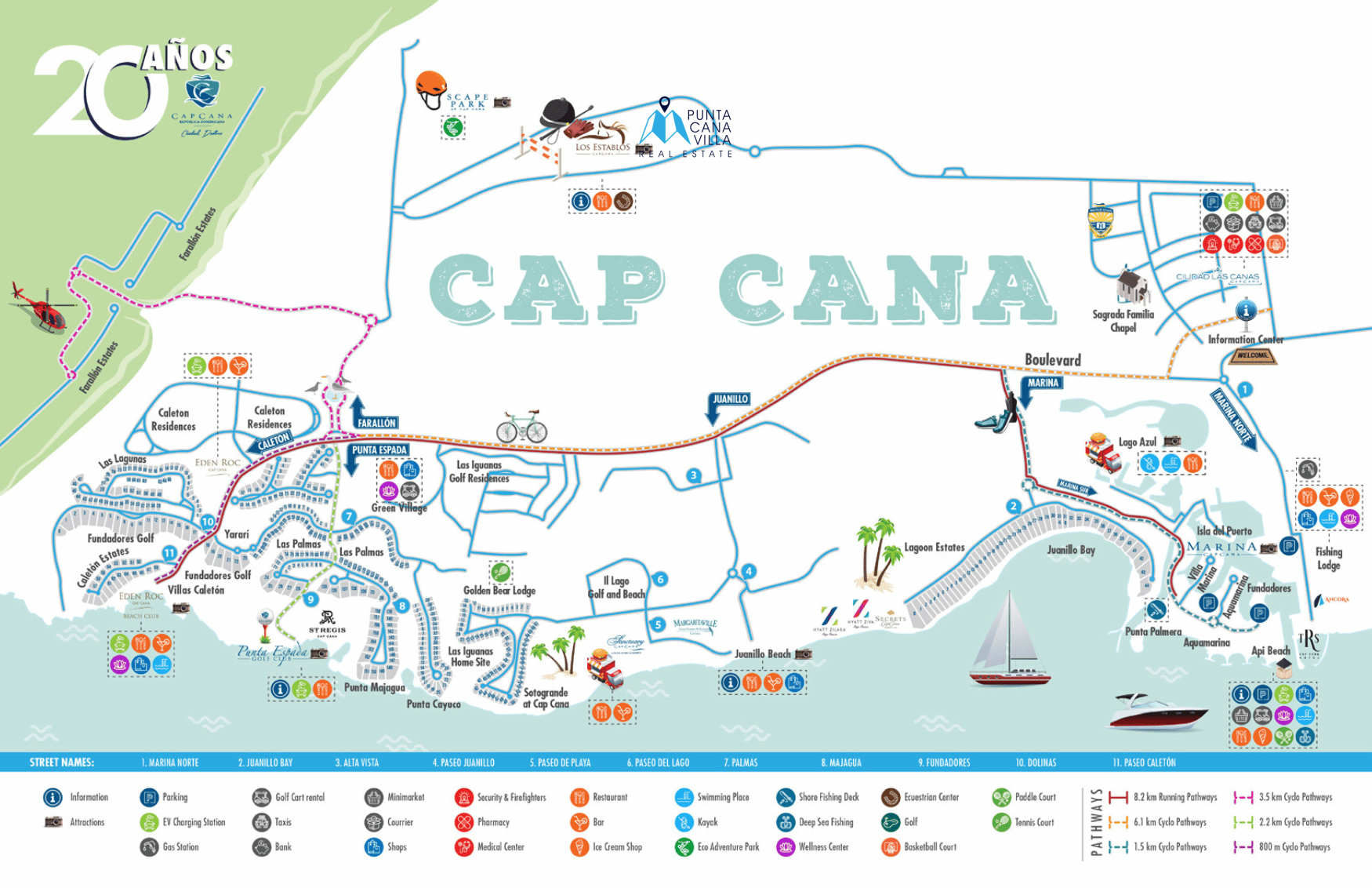 Mapa de Cap Cana con la ubicación de servicios y prestaciones.