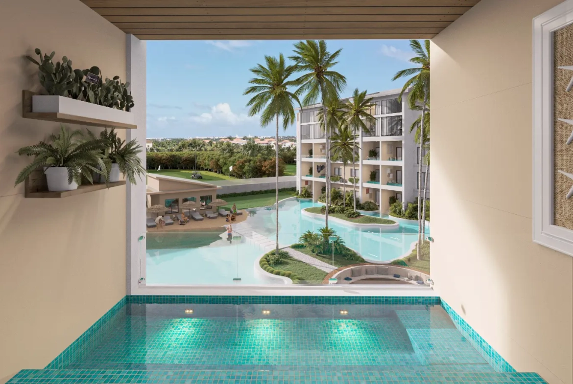 Mystiq Bay, Appartement-terrasse d’une chambre à vendre à White Sands, Punta Cana avec vue sur le terrain de golf