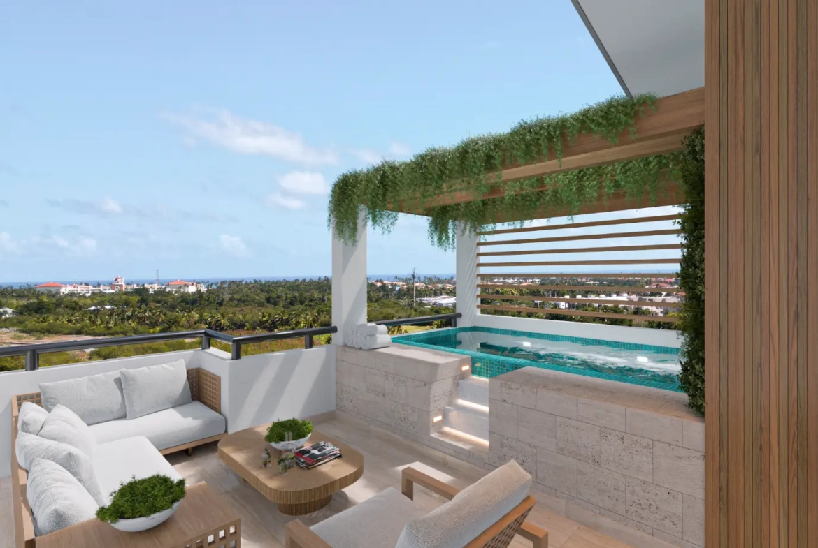 Mystiq Bay, Appartement-terrasse d’une chambre à vendre à White Sands, Punta Cana avec vue sur le terrain de golf