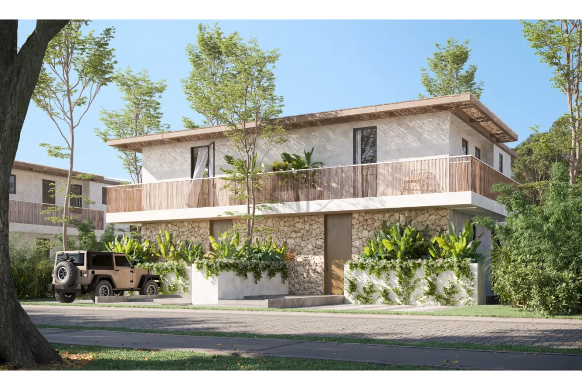 Aldea Park: villa dúplex de tres habitaciones en venta en el centro de Punta Cana con terraza
