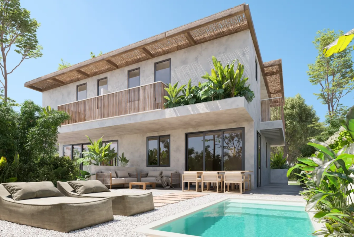 Aldea Park: villa dúplex de tres habitaciones en venta en el centro de Punta Cana con terraza