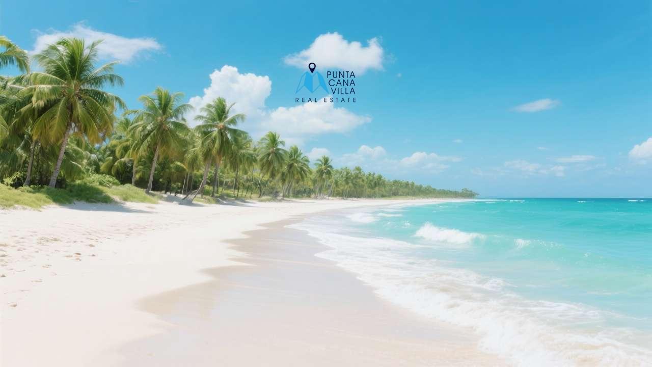 Scenic view of a tropical beach in Punta Cana Dominican Republic with a long stretch of white sand and vibrant blue ocean