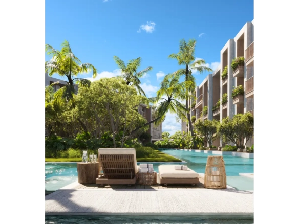 Appartement-terrasse d’une chambre à Ansaya at Aldea II à vendre dans le centre-ville de Punta Cana avec accès à la piscine et à la salle de sport.