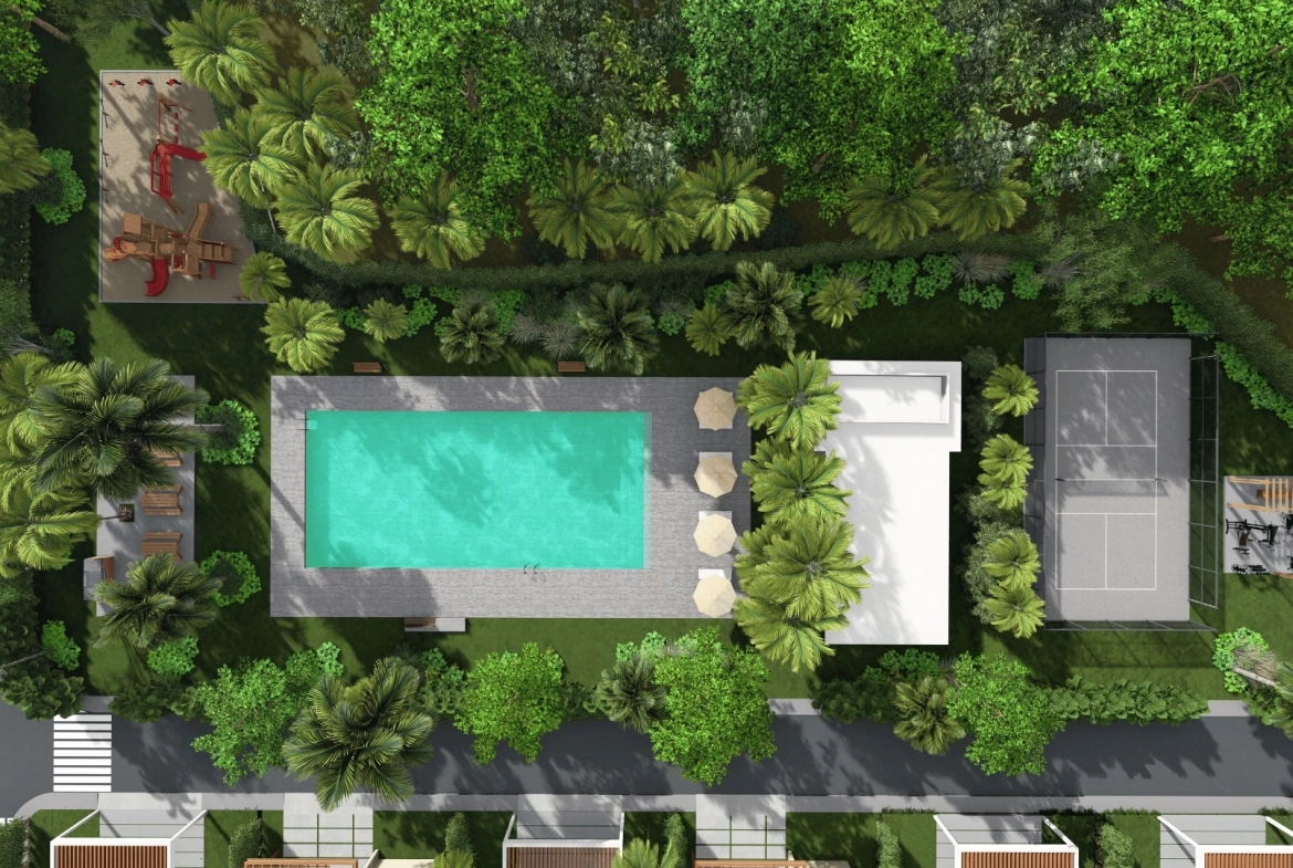 Vista aérea del área social de Villas Sole Mio en Macao, Punta Cana con piscina y amenidades