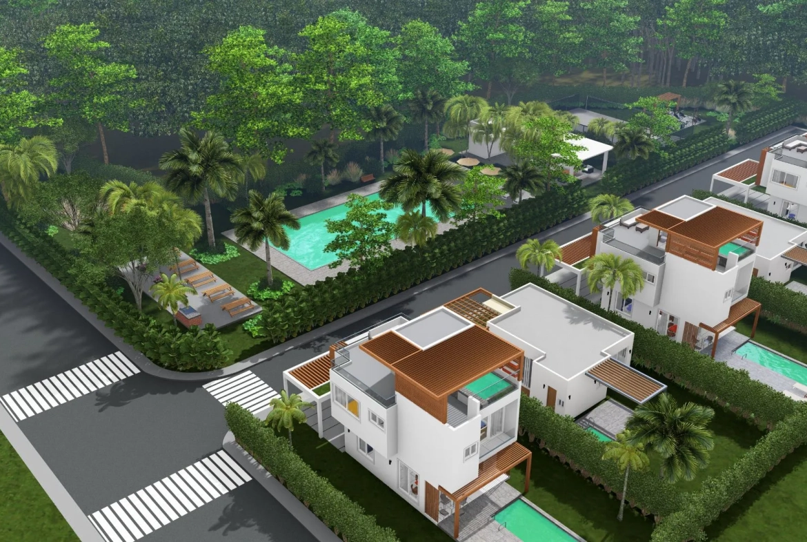 Sole Mio social area overview in Vista Cana, Punta Cana — pool, gazebo, walking paths and communal lounge