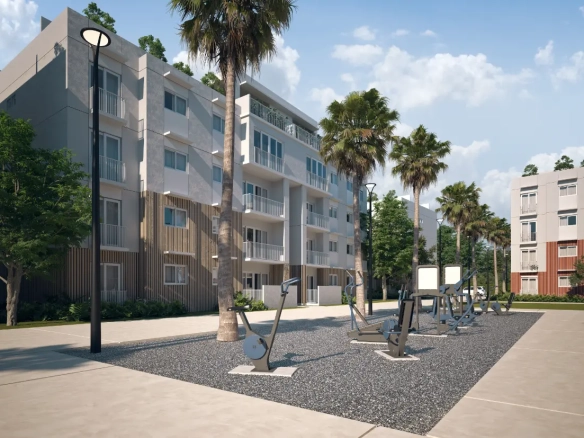Modern three‑bedroom penthouse with rooftop terrace at Mallorca Village, La Romana, featuring pool club and gym access.