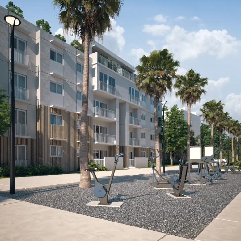 Modern three‑bedroom penthouse with rooftop terrace at Mallorca Village, La Romana, featuring pool club and gym access.