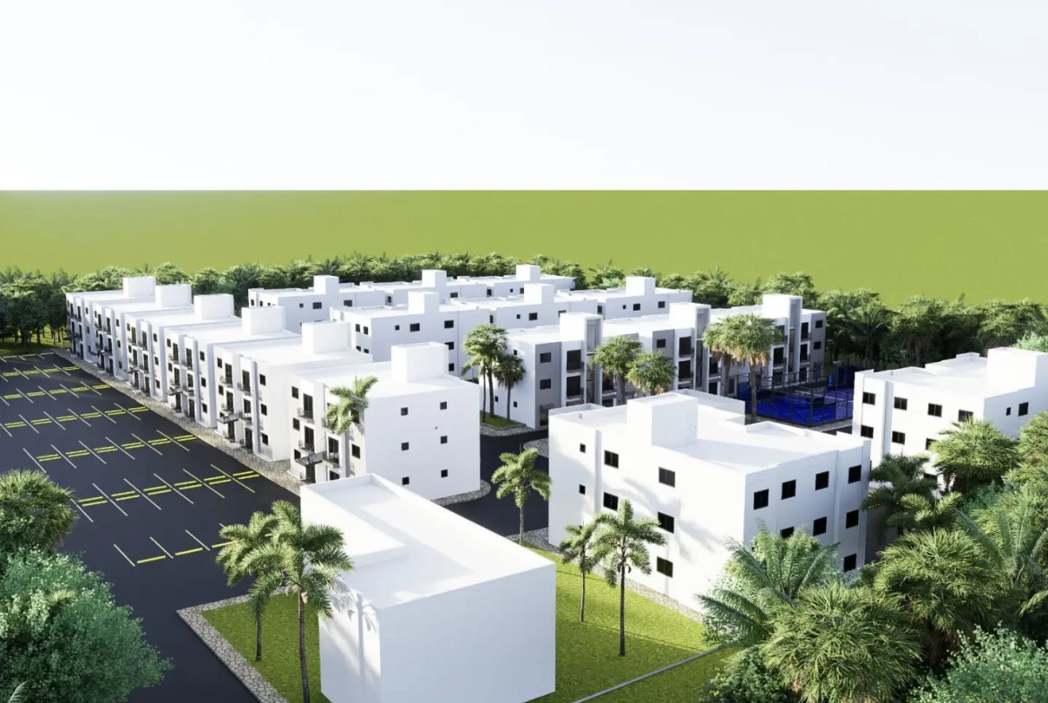 Moderno apartamento de un dormitorio con estudio en Residencial Géminis, Verón - vivienda compacta y comunidad cerrada en Punta Cana.
