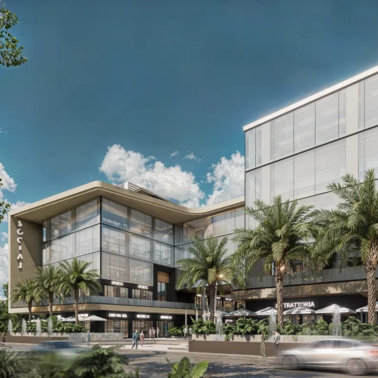 Exterior view of Social Business Center office building in Downtown Punta Cana with modern facade and street access.