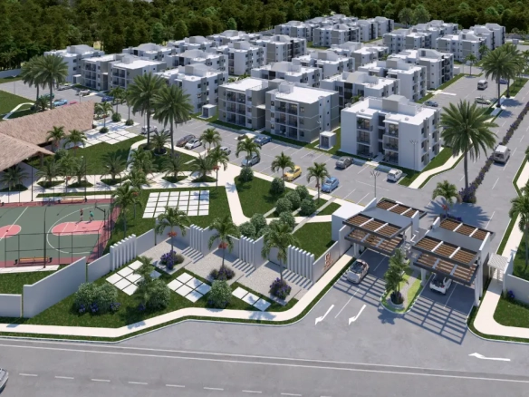Condo de 2 chambres à vendre à Los Robles Residences Bavaro avec piscine, salle de sport et zone pour animaux dans une communauté fermée