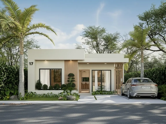 Villas Sole Mio Type C 2 bedroom villa for sale in Macao Beach Punta Cana modern front view with parking
