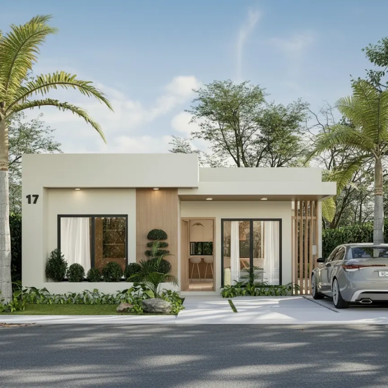 Villas Sole Mio Type C 2 bedroom villa for sale in Macao Beach Punta Cana modern front view with parking