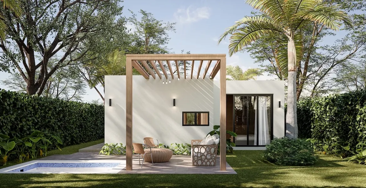 Backyard of Villas Sole Mio Type C 2 bedroom villa in Macao Beach Punta Cana with pergola terrace and plunge pool