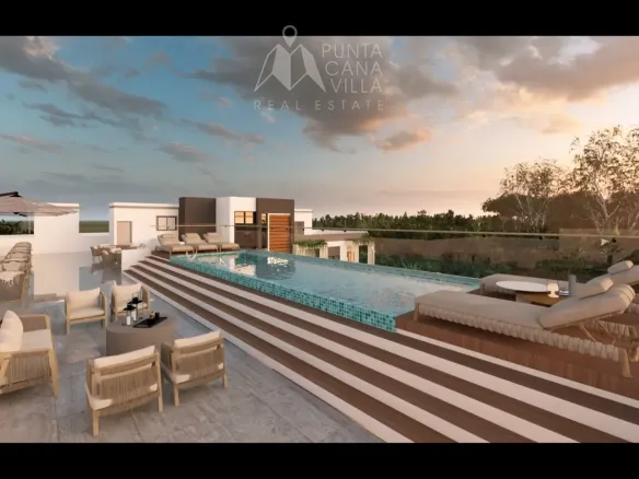 Orion Residences 1 Bedroom Penthouse for sale in Costa Bavaro Punta Cana with private beach access and modern architecture.