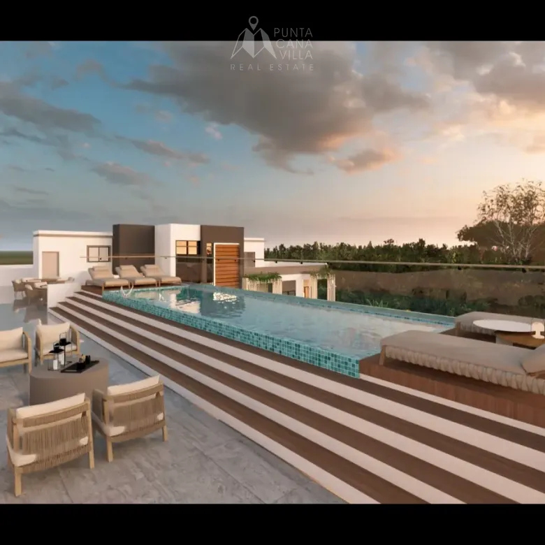 Orion Residences 1 Bedroom Penthouse for sale in Costa Bavaro Punta Cana with private beach access and modern architecture.