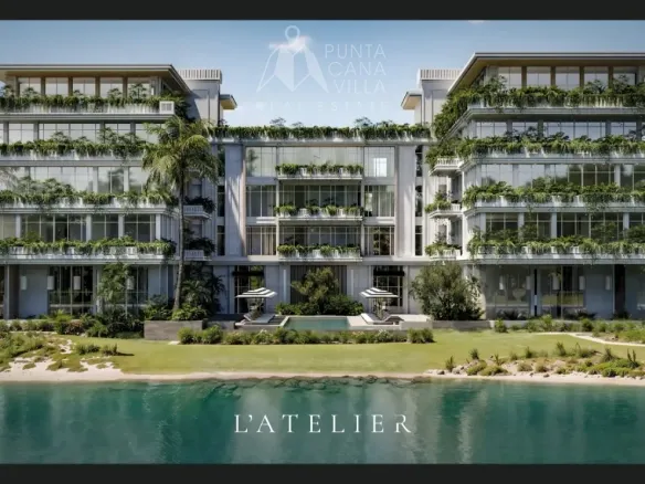 Apartamento L'Atelier de 2 habitaciones en venta en Las Iguanas Cap Cana con vistas al campo de golf y entorno tropical.