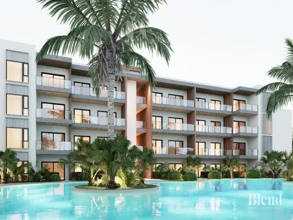 Blend Residences Apartamento Estudio en venta en Bayahibe La Romana con balcon privado y piscina artificial en la playa.