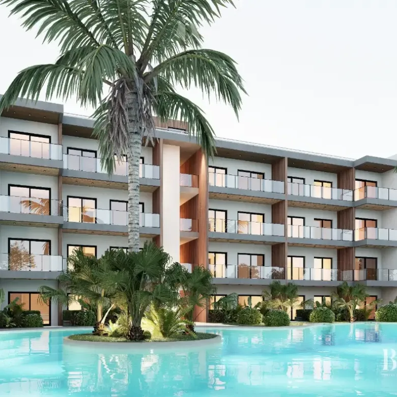 Blend Residences Apartamento Estudio en venta en Bayahibe La Romana con balcon privado y piscina artificial en la playa.