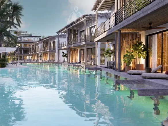 El Don Dom Residences Apartamento Estudio en venta en Dominicus Bayahibe con moderno diseño de concepto abierto y vistas a la piscina.