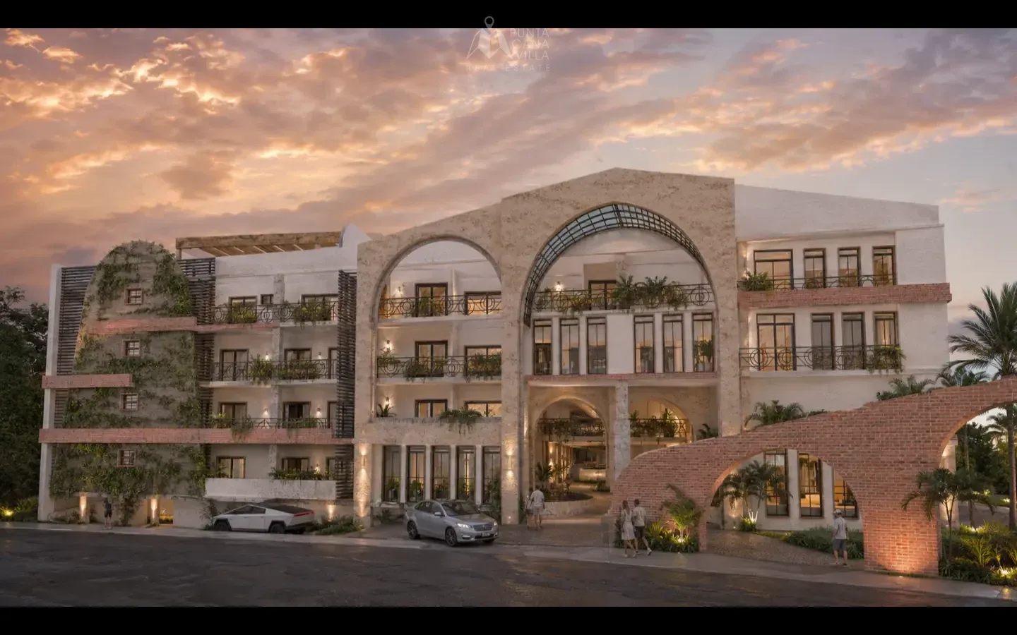 Exterior moderno del edificio de apartamentos Belara Cap Cana con piscina